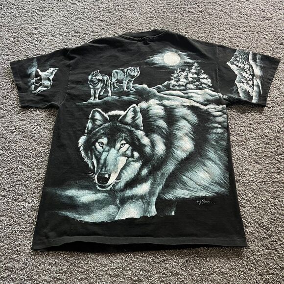 VTG 90s Wolves Wolf Nature Moon All Over Print T Shirt Sz Large Black Harlequin - Picture 2 of 8
